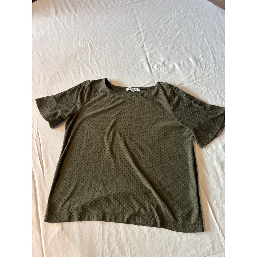 Rose + Olive Top Womens‎ Large Olive Green Excellent Swiss Dot Flutter Sleeve